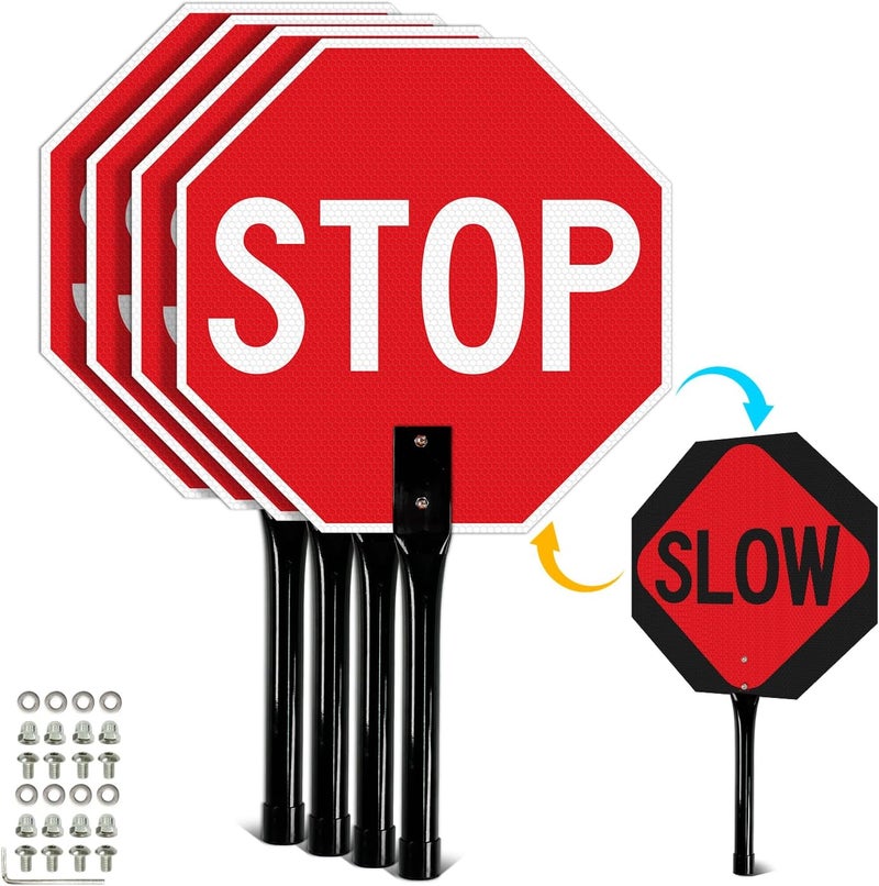 TR (4 Pack) Stop Slow Sign with Handle, 13 x 13 Inches Double Sided Stop/Slow Traffic Sign, Rust Free Aluminum Reflective, Weather Resistant, Waterproof, Fade Resistant, Easy to Mount. - Image 1